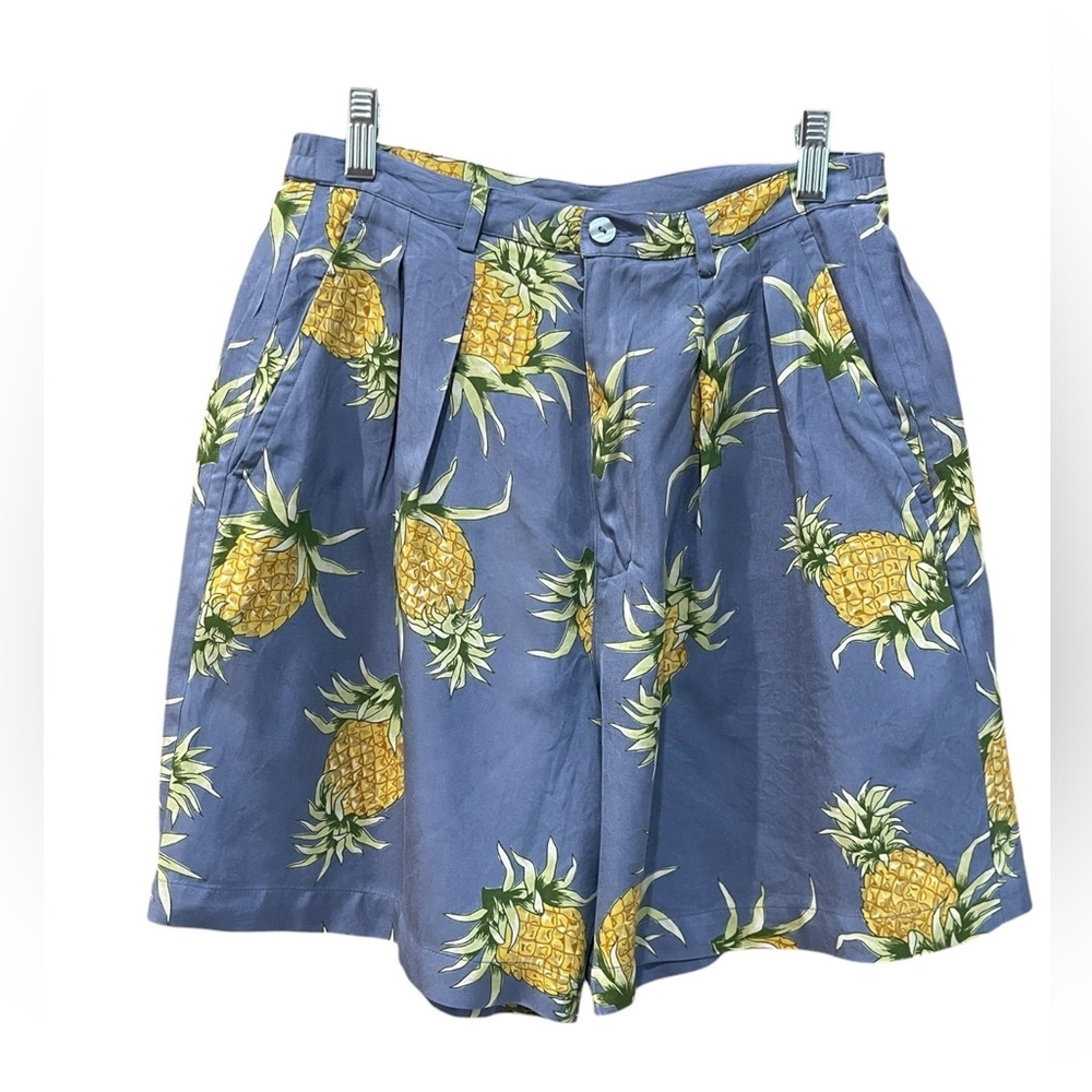 Honolulu Lulu Vibtage inspired Blue Pineapple 100% Silk High Rise Shorts Size 8